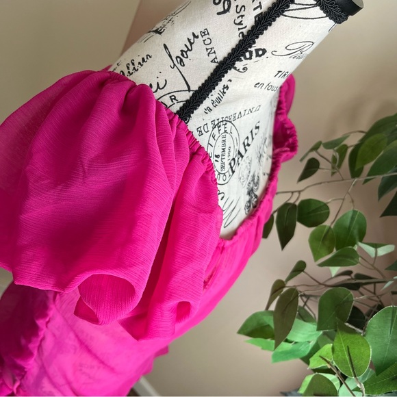 Mandee Sheer Off-Shoulder Ruffle Hem Top Pink Sz L - Picture 8 of 16